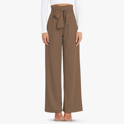 Women's wide-leg fabric pants with tie belt