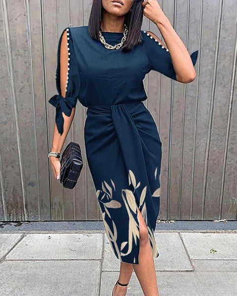 LP | Belinda- Knotted dress with pearls and botanical print