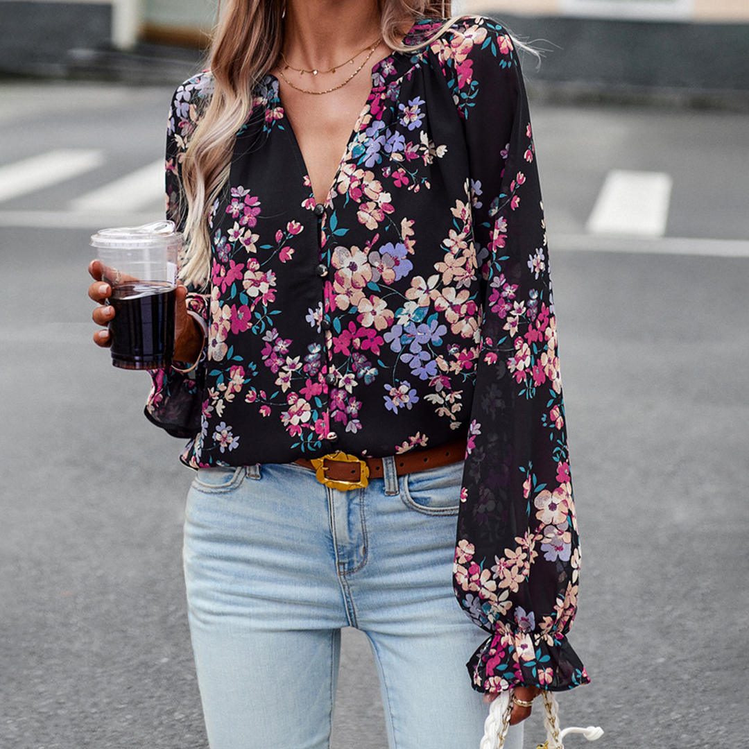 LP | Fashionable and versatile long-sleeved top with floral pattern