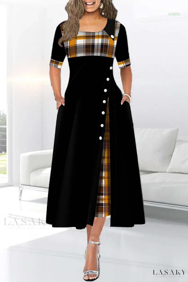 LP | Black patchwork dress with cut-out waist and vintage-style skirt