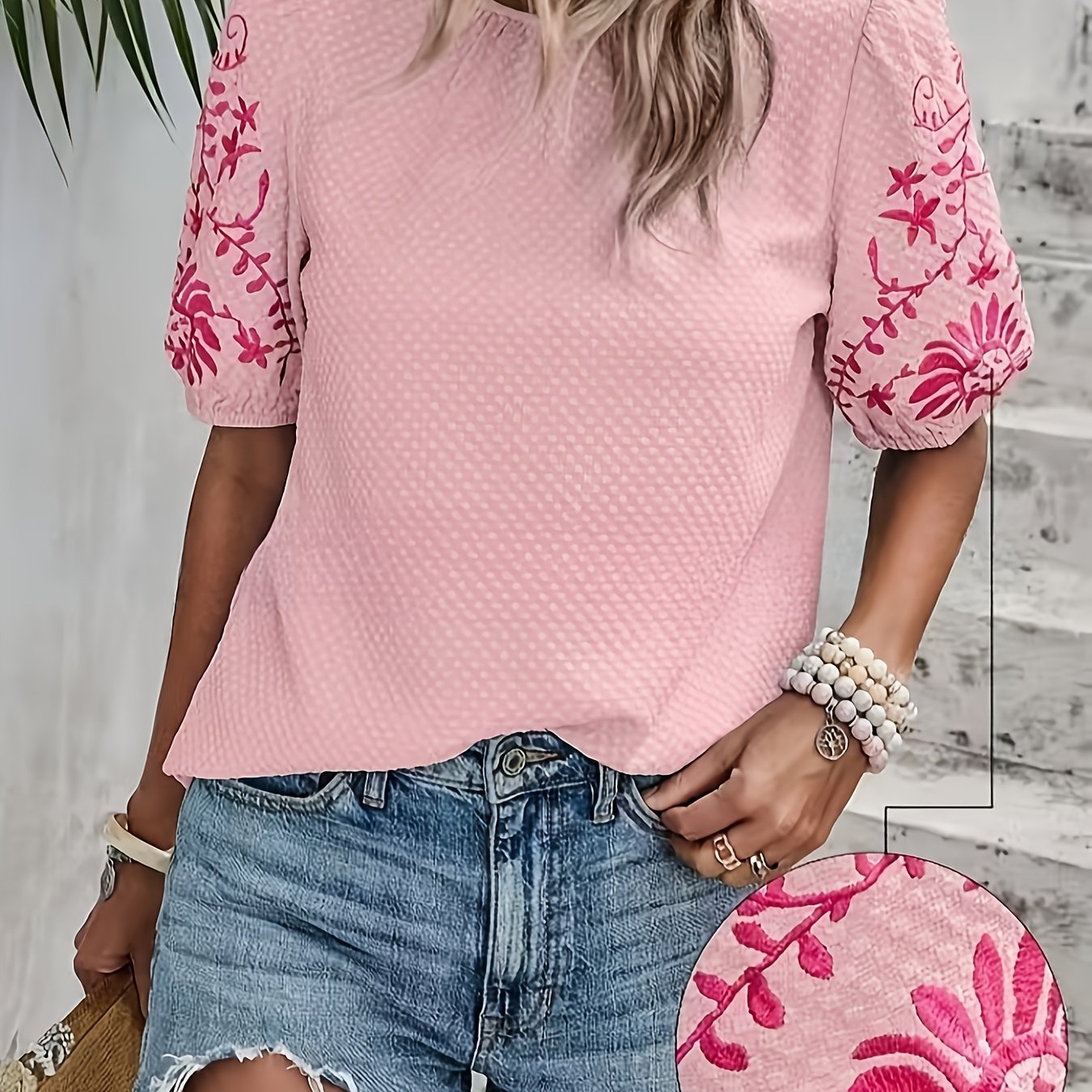 Blouse - Embroidered floral motif & Breathable fabric