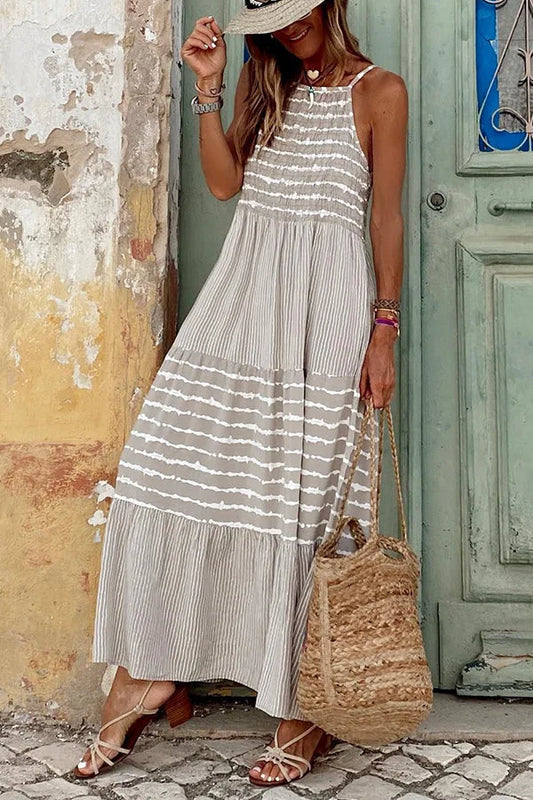 LP | Maxi flared dress with high neck and summer stripes