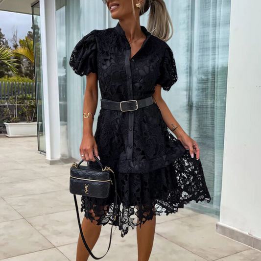 LP | Women's lace dress with puff sleeves and belt.
