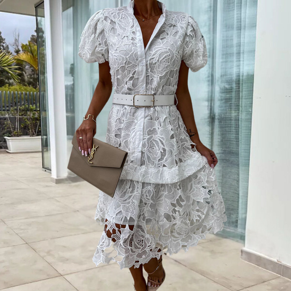 LP | Women's lace dress with puff sleeves and belt.