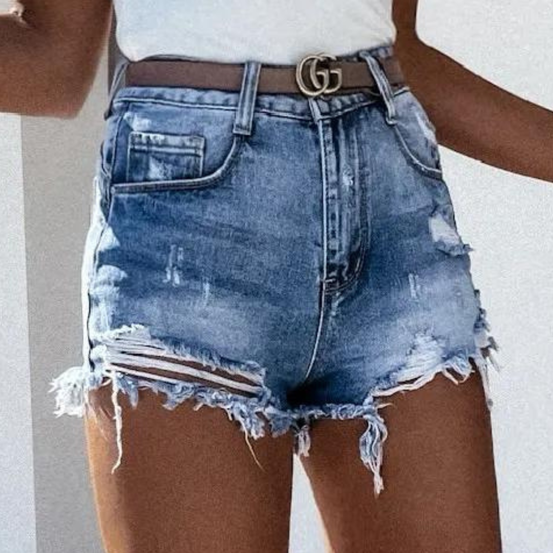 Denis - High-waisted shorts in worn denim with bangs