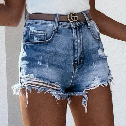Denis - High-waisted shorts in worn denim with bangs