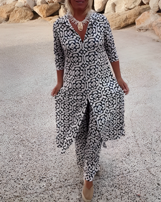 Elegant ensemble with geometric print