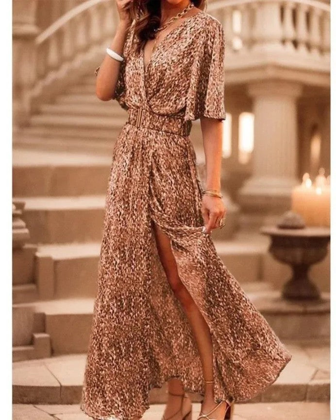 LP | Elegant maxi dress with V-neck, short sleeves and beautiful floral print