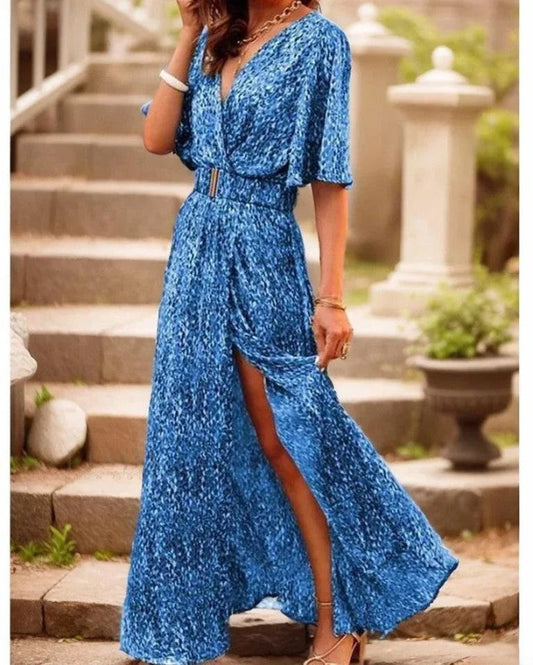LP | Elegant maxi dress with V-neck, short sleeves and beautiful floral print