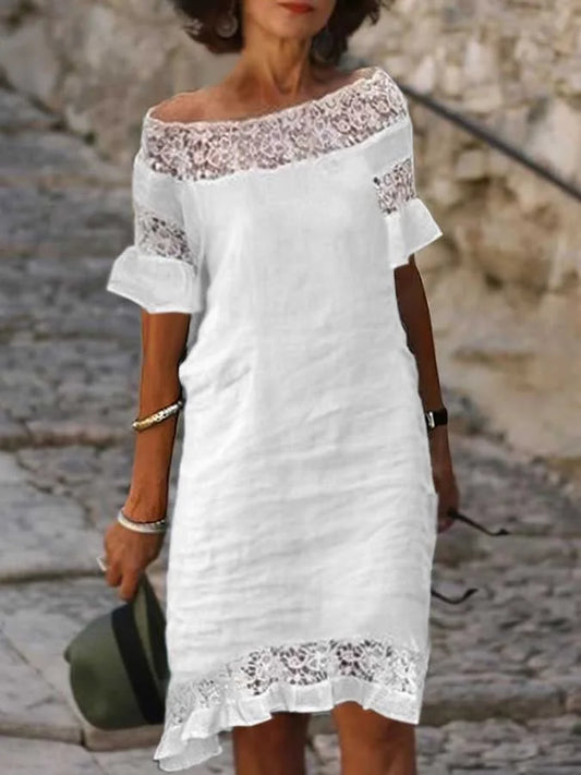 LP | Casual cotton corduroy dress with three-quarter sleeves and lace