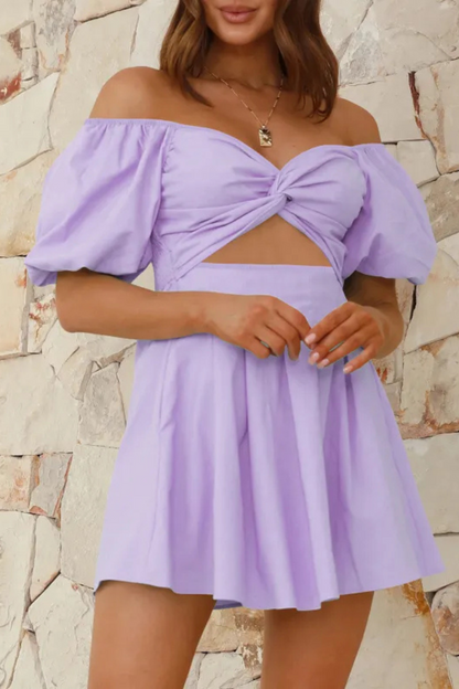 Celeste | Off-shoulder Lantern-sleeve Pleated Dress