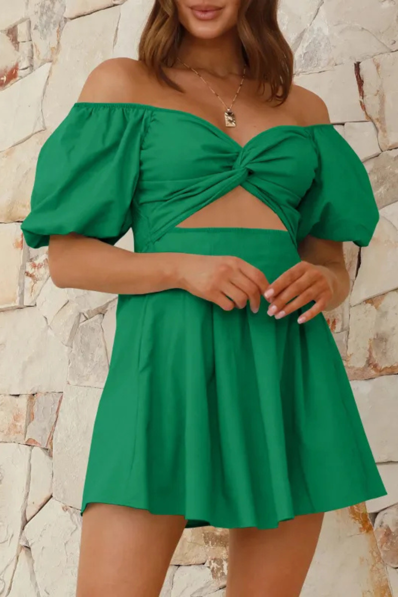 Celeste | Off-shoulder Lantern-sleeve Pleated Dress
