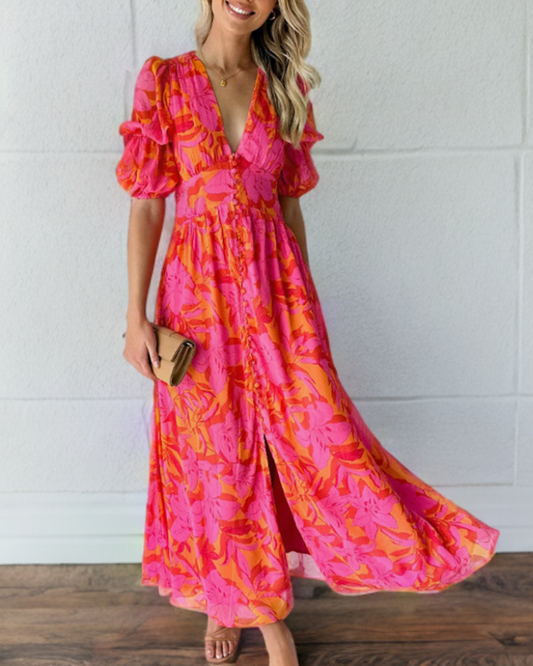 LP | Elegant dress with puff sleeves and deep V-print.