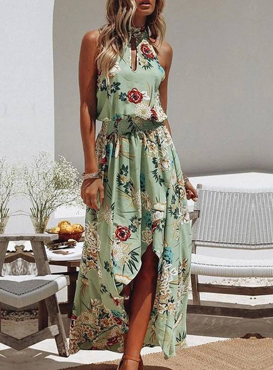 LP | Green dress with floral print and fashionable round neckline