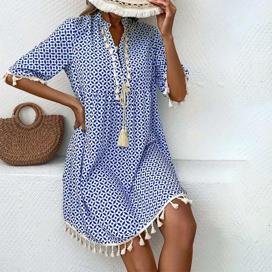LP | Blue mini dress with short sleeves.