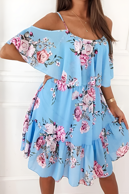 LP | Strapless chiffon dress with off-the-shoulder print
