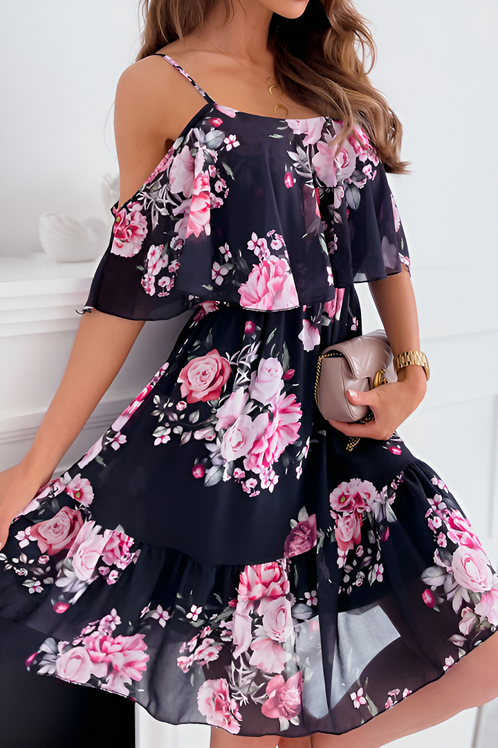 LP | Strapless chiffon dress with off-the-shoulder print