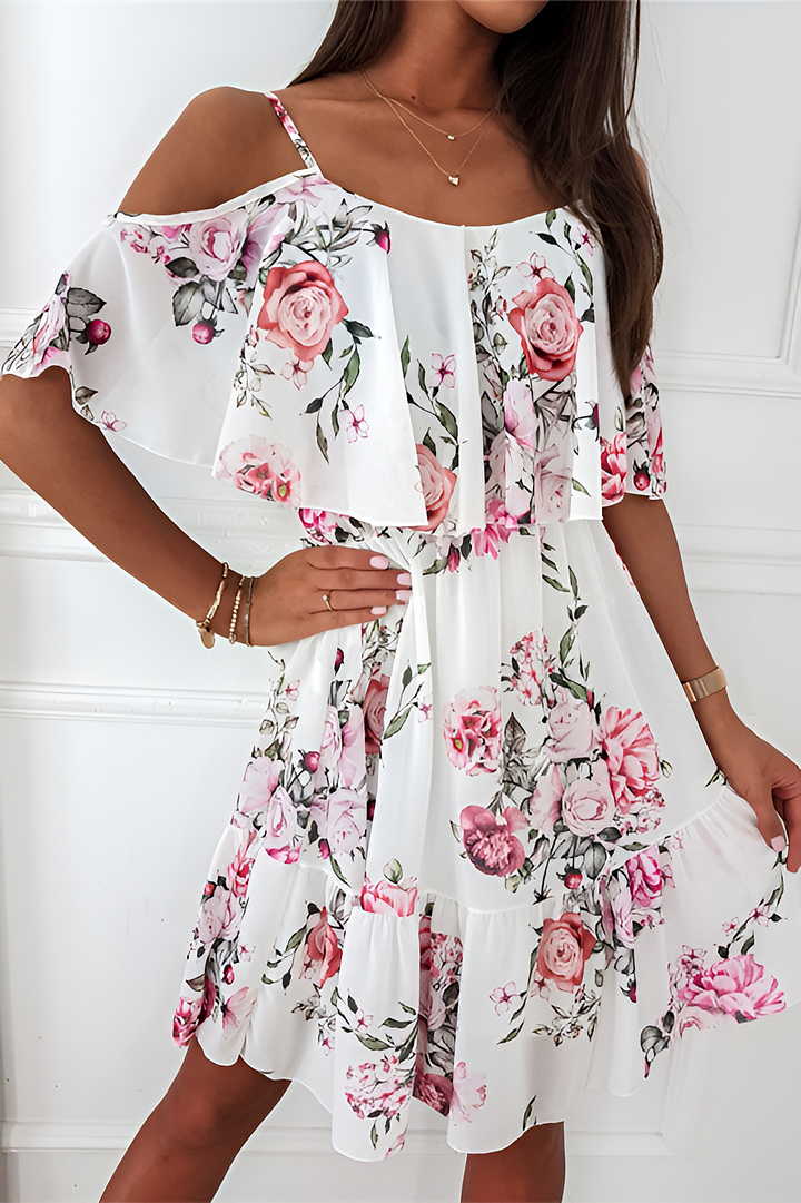 LP | Strapless chiffon dress with off-the-shoulder print