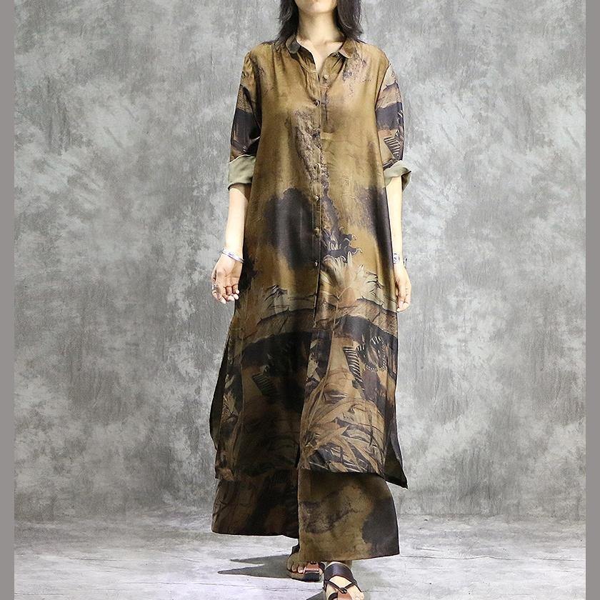 Elegant pants with wide-leg silk tunic yellow two-piece plus-size dress summer prints