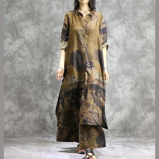 Elegant pants with wide-leg silk tunic yellow two-piece plus-size dress summer prints