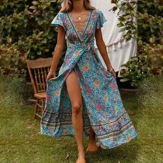 LP | Elegant summer maxi dress with ruffles, short sleeves and deep V-neckline