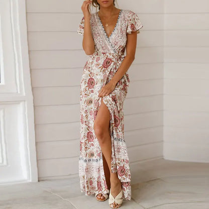 LP | Elegant summer maxi dress with ruffles, short sleeves and deep V-neckline