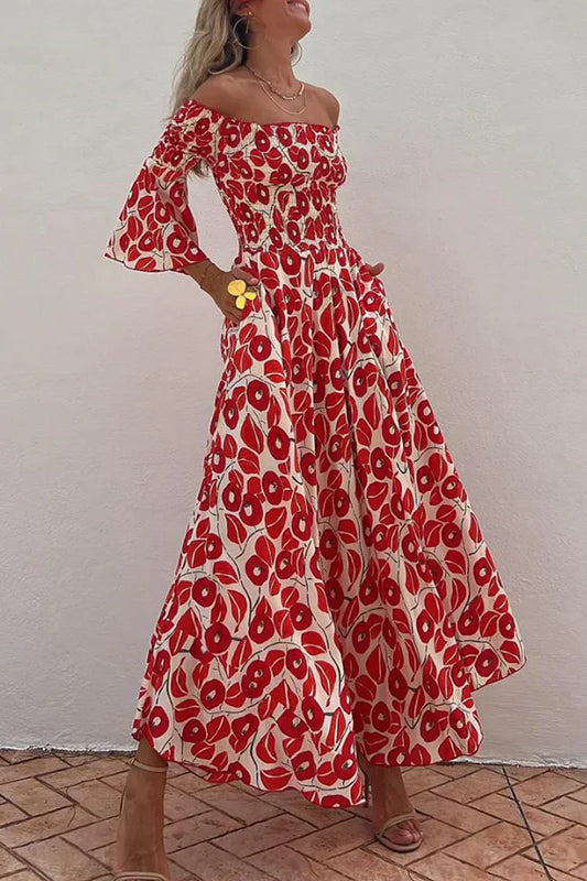 LP | Maxi smocked dress with floral print and off-the-shoulder pockets