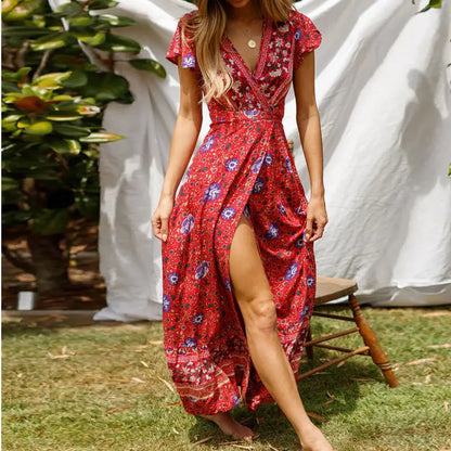 LP | Elegant summer maxi dress with ruffles, short sleeves and deep V-neckline