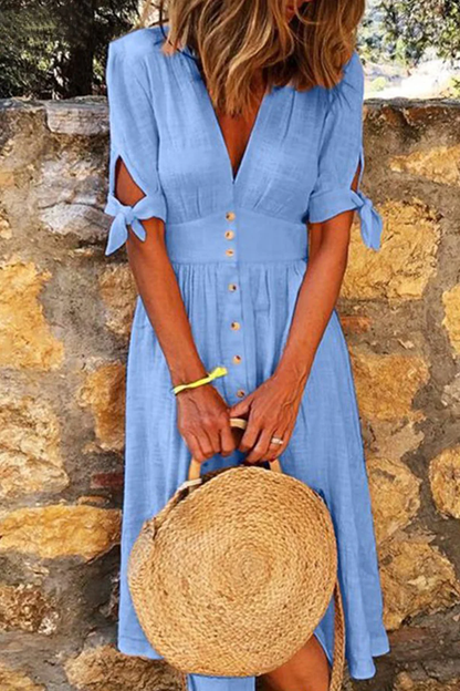 LP | Elegant casual dresses with V-neck and buckle closure.