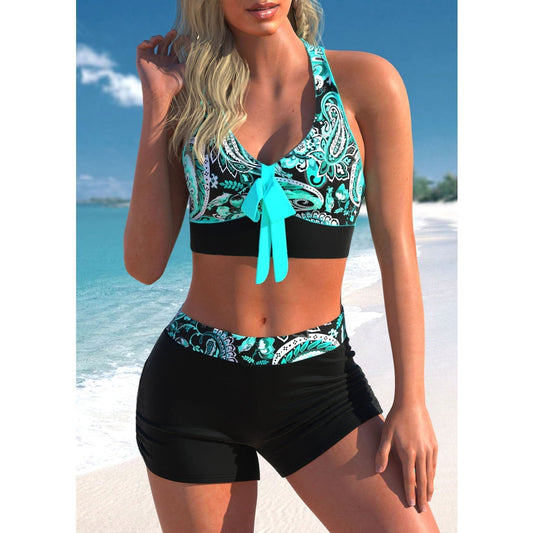 halterneck top-with-high-waist-short 2-piece swimsuit