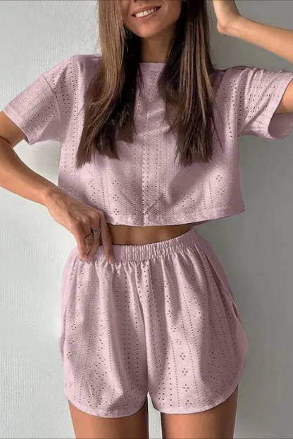 Isabeau | Casual Short-sleeved Crop Top And Elastic Slit Shorts