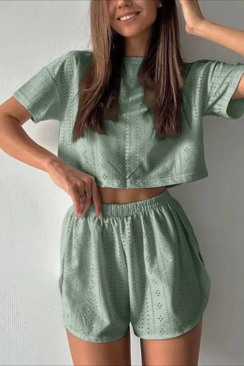 Isabeau | Casual Short-sleeved Crop Top And Elastic Slit Shorts
