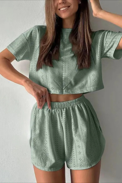 Isabeau | Casual Short-sleeved Crop Top And Elastic Slit Shorts