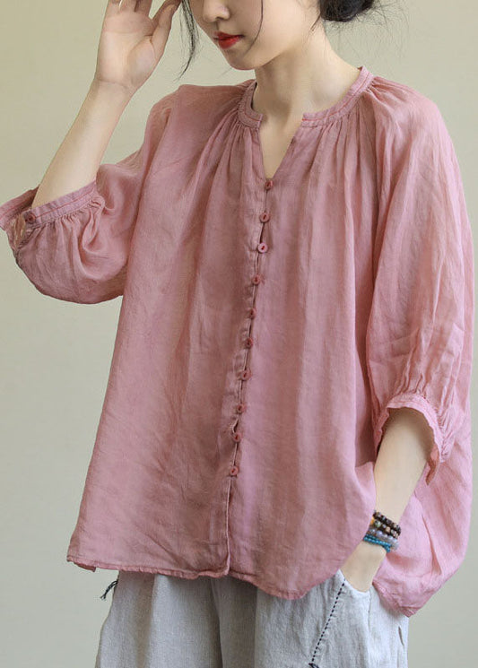 LP | Italian Pink Rose Flower V-Neck Button Loose Autumn Half Sleeve Blouse Top