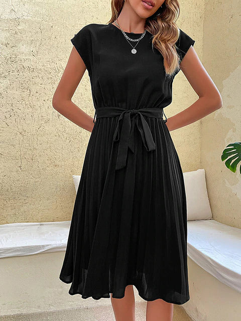 Short-sleeved pleated casual mini dress for summer 2024