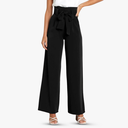Women's wide-leg fabric pants with tie belt