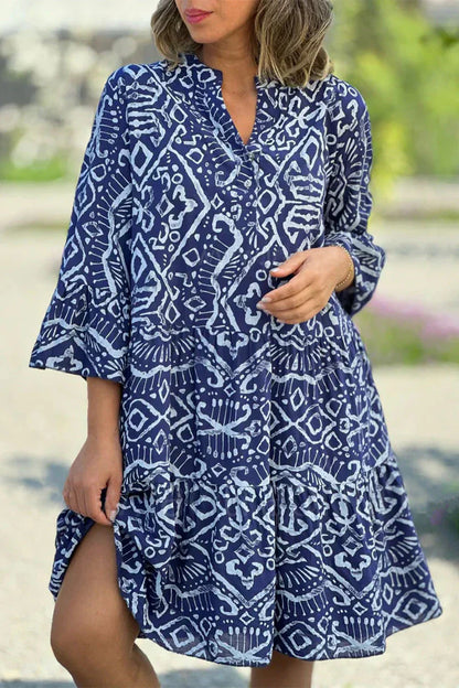 LP | Casual dress with geometric print and buttons, V-neck, tartan skirt