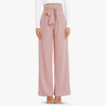 Wide-leg fabric pants for ladies with tie belt