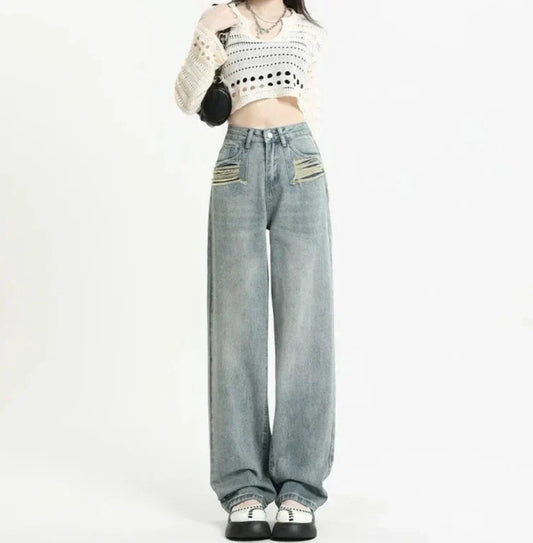 Women's denim jeans with ripped pockets