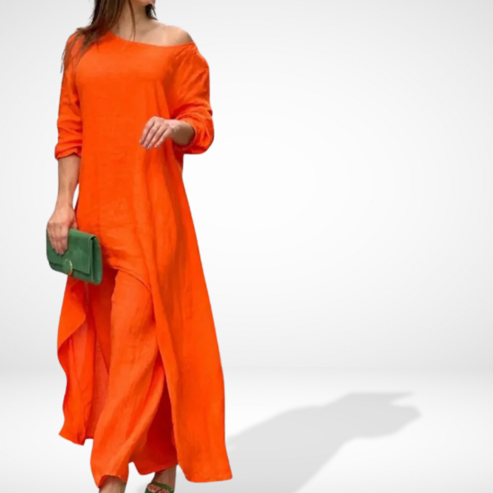 Women's ensemble with asymmetrical, flowing blouse and wide pants