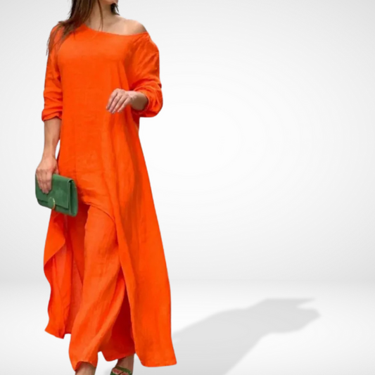 Women's ensemble with asymmetrical, flowing blouse and wide pants
