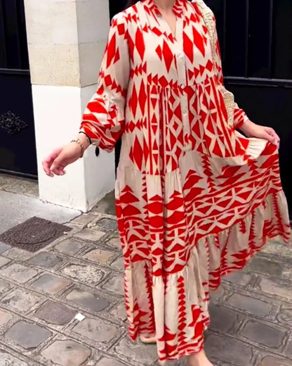 LP | Printed casual dress with v-neck and long sleeves