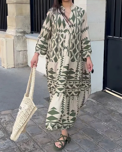 LP | Printed casual dress with v-neck and long sleeves