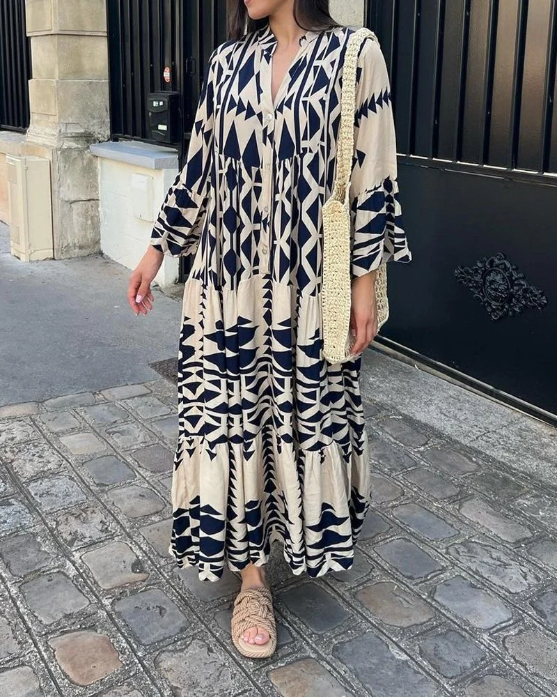 LP | Printed casual dress with v-neck and long sleeves