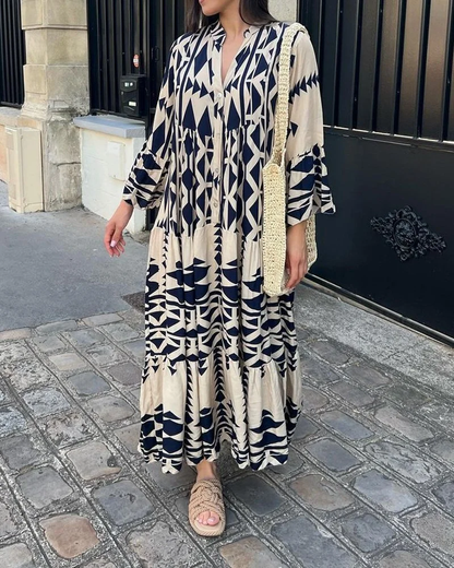 LP | Printed casual dress with v-neck and long sleeves