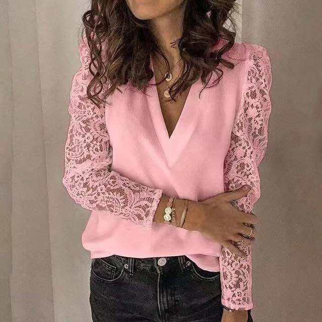 LP | Summer lace blouse with v-neck and long sleeves for women