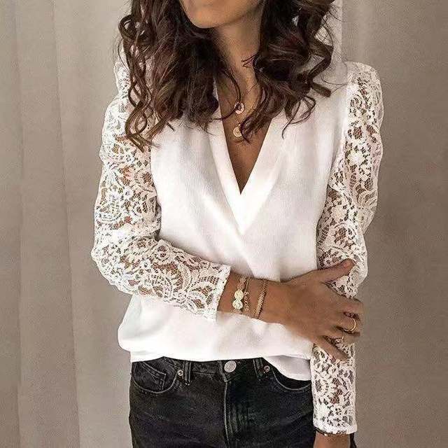LP | Summer lace blouse with v-neck and long sleeves for women