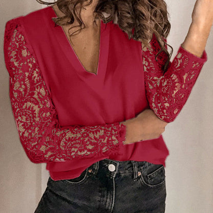 LP | Summer lace blouse with v-neck and long sleeves for women