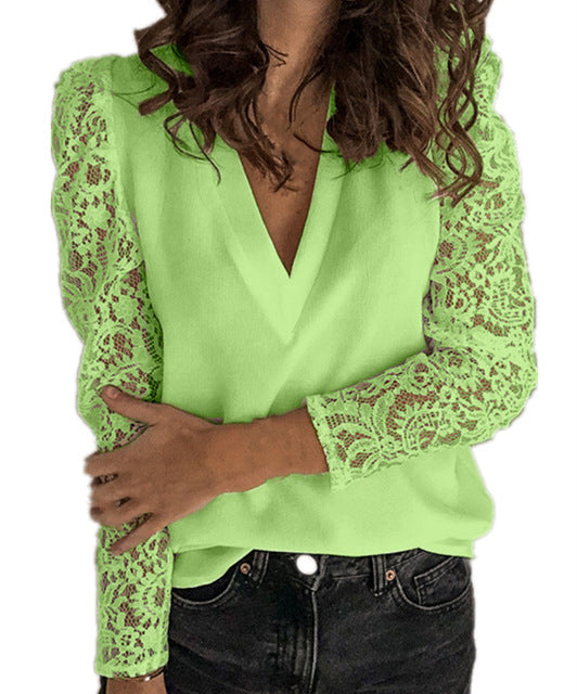 LP | Summer lace blouse with v-neck and long sleeves for women