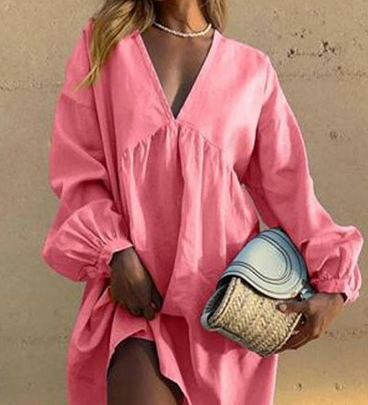 LP | Casual V-neck dress with pleated lantern sleeves